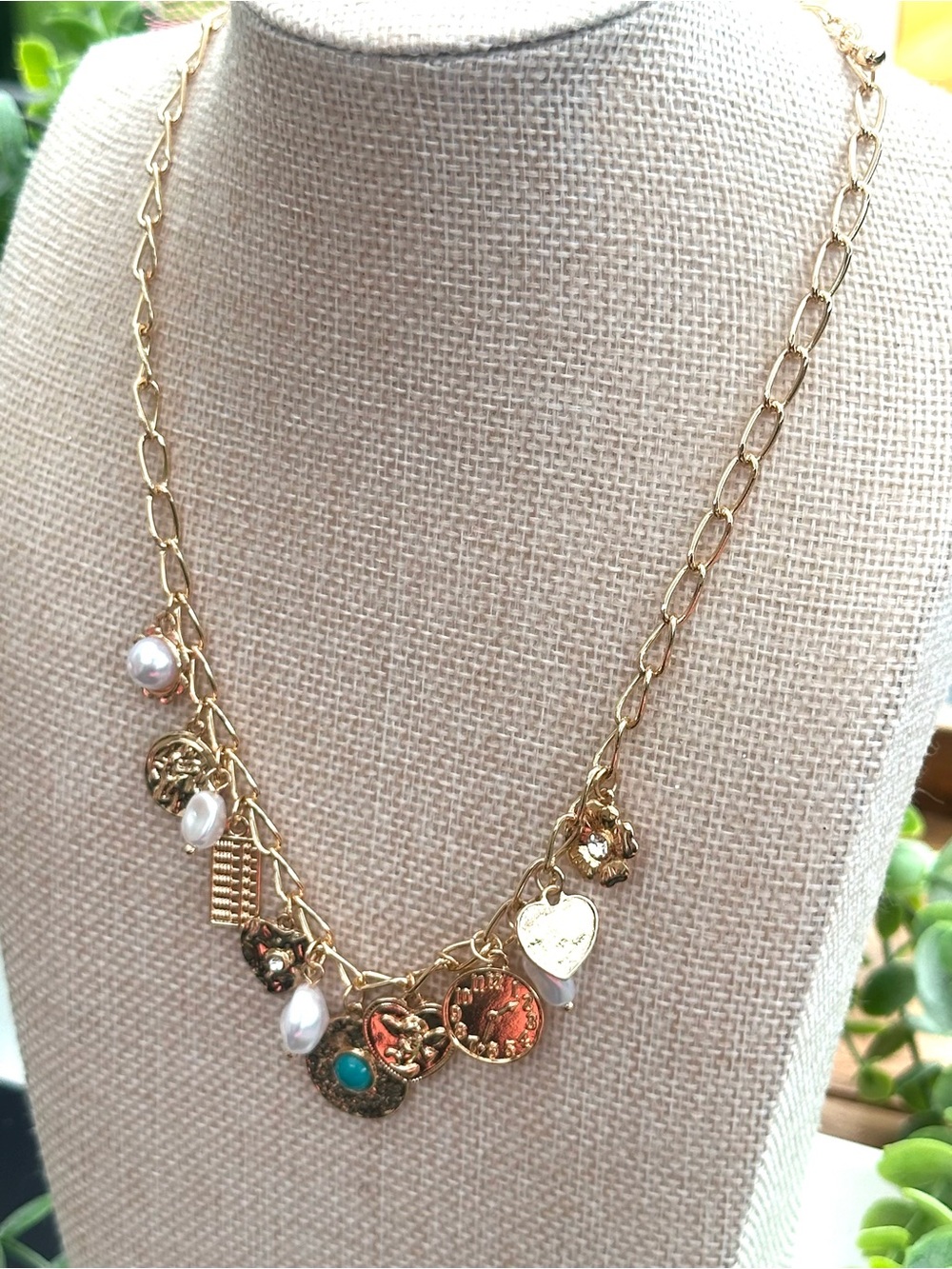 Gold Charm Pendant Necklace with Pearls and Turquoise Accent